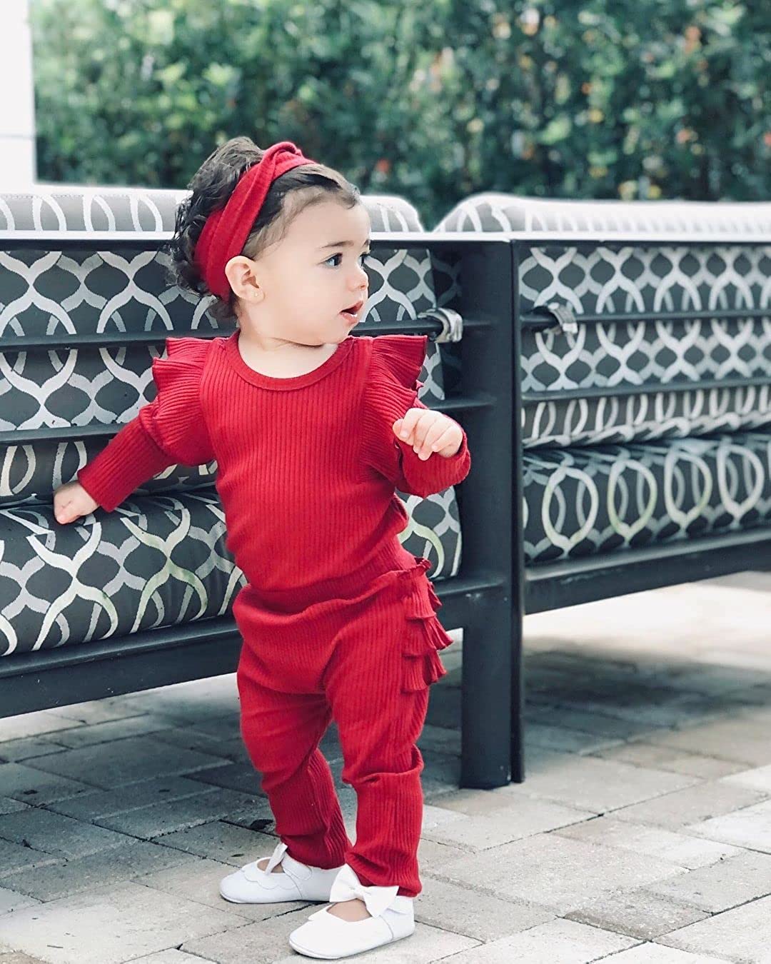Fullfamous Baby Girl's 3pc Rib Frill Long Sleeve Romper and Pant Set - Image 3